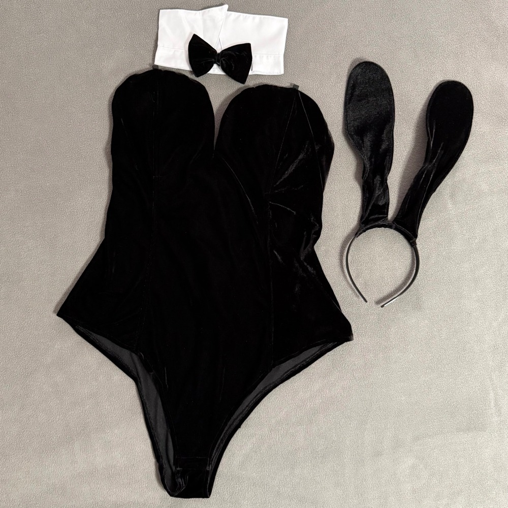 Unbranded Bunny Costume Set Women XL Black Excellent Velvet Lace Up Bodysuit